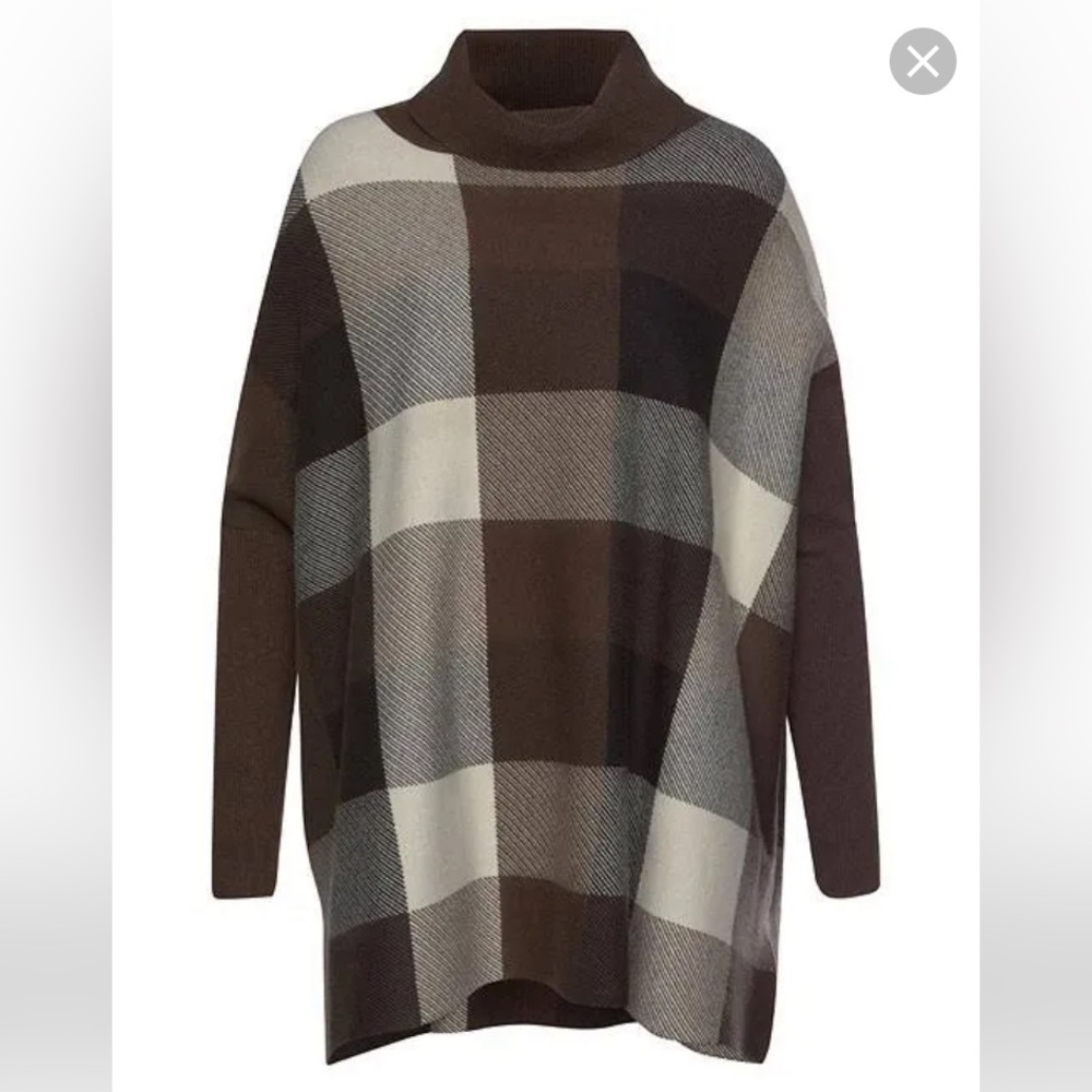 Lascana women’s shawl sweater size L brown white plaid/box patterned turtleneck